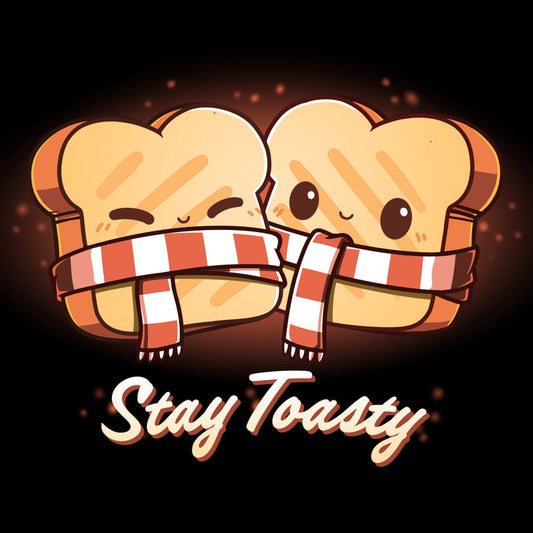 Premium Cotton T-shirt_Teeturtle Stay Toasty black t-shirt featuring two smiling pieces of toast, bundled together with a red and white striped scarf. The text "Stay Toasty" is written below.