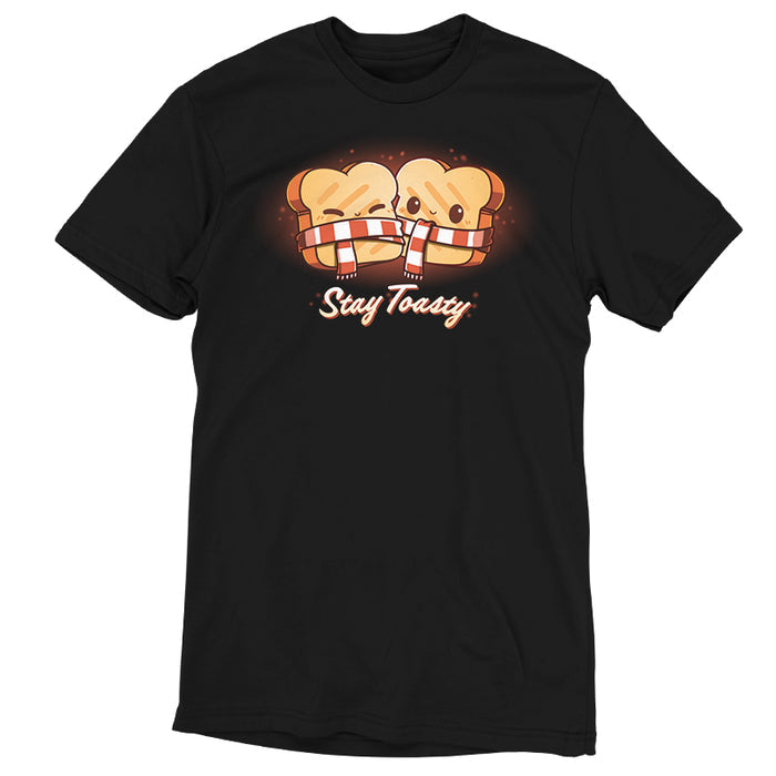 Premium Cotton T-shirt_Teeturtle Stay Toasty black t-shirt featuring two smiling pieces of toast, bundled together with a red and white striped scarf. The text "Stay Toasty" is written below.