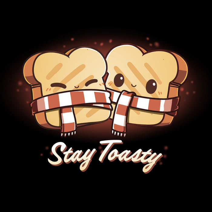 Classic Cotton T-shirt_Teeturtle Stay Toasty black t-shirt featuring two smiling pieces of toast, bundled together with a red and white striped scarf. The text "Stay Toasty" is written below.