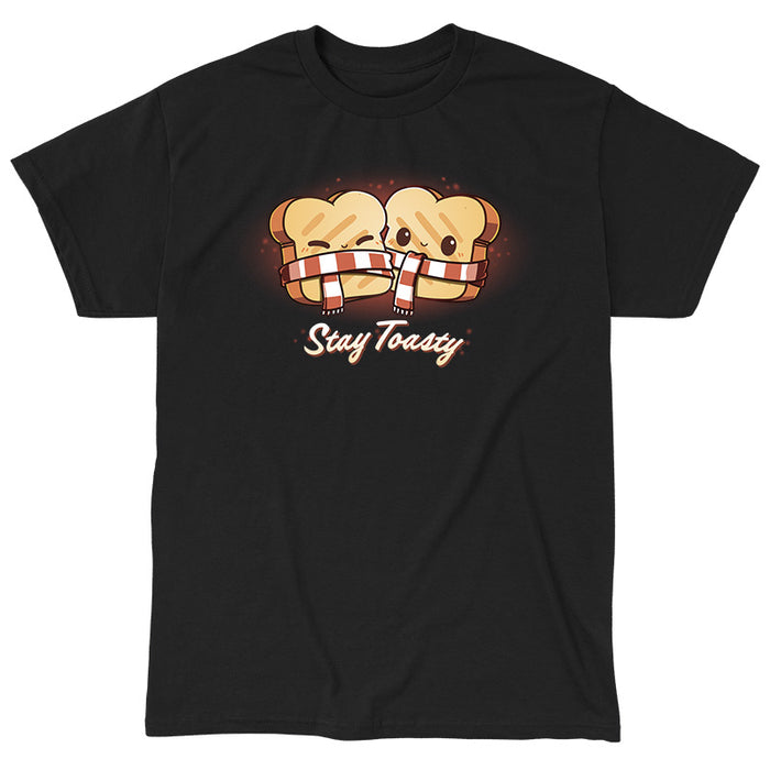 Classic Cotton T-shirt_Teeturtle Stay Toasty black t-shirt featuring two smiling pieces of toast, bundled together with a red and white striped scarf. The text "Stay Toasty" is written below.