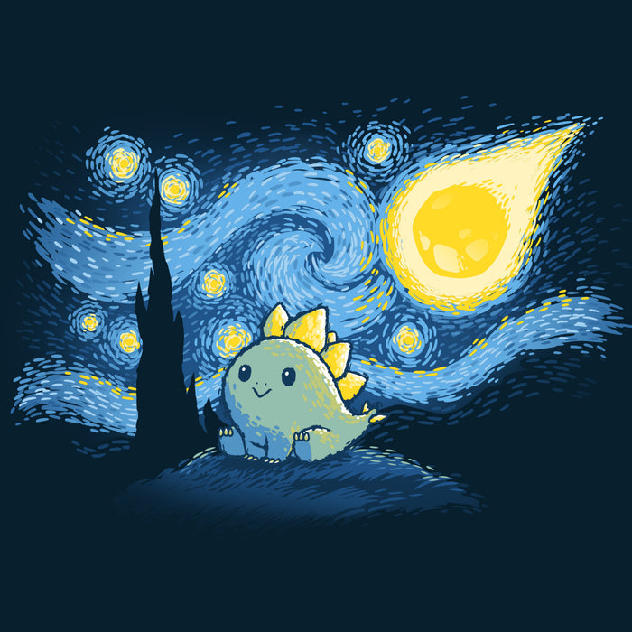 Premium Cotton T-shirt_TeeTurtle navy blue Stego Night featuring an illustration of a cute dinosaur with stegosaurus-like plates, set against a "Starry Night"-inspired background.