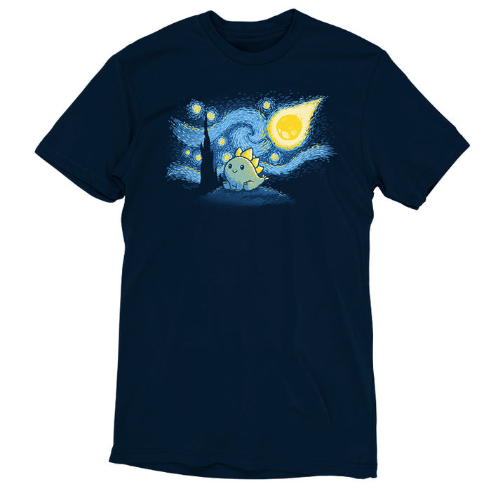 Premium Cotton T-shirt_TeeTurtle navy blue Stego Night featuring an illustration of a cute dinosaur with stegosaurus-like plates, set against a "Starry Night"-inspired background.