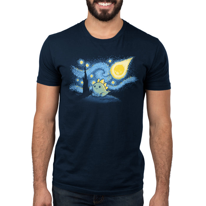 Premium Cotton T-shirt_TeeTurtle navy blue Stego Night featuring an illustration of a cute dinosaur with stegosaurus-like plates, set against a "Starry Night"-inspired background.