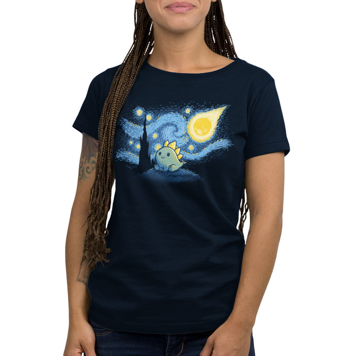 Premium Cotton T-shirt_TeeTurtle navy blue Stego Night featuring an illustration of a cute dinosaur with stegosaurus-like plates, set against a "Starry Night"-inspired background.