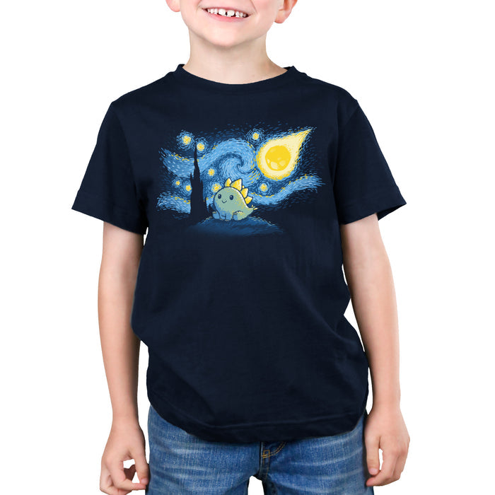 Premium Cotton T-shirt_TeeTurtle navy blue Stego Night featuring an illustration of a cute dinosaur with stegosaurus-like plates, set against a "Starry Night"-inspired background.