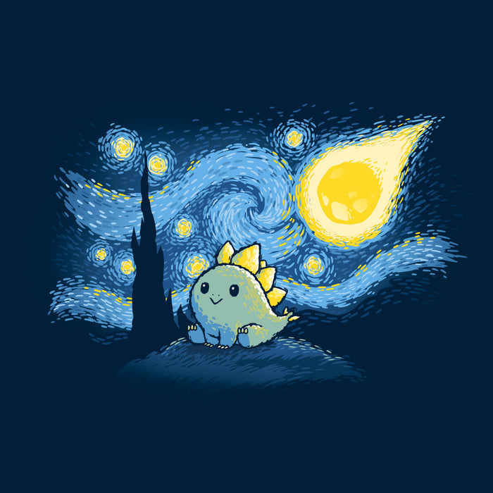Classic Cotton T-shirt_TeeTurtle navy blue Stego Night featuring an illustration of a cute dinosaur with stegosaurus-like plates, set against a "Starry Night"-inspired background.