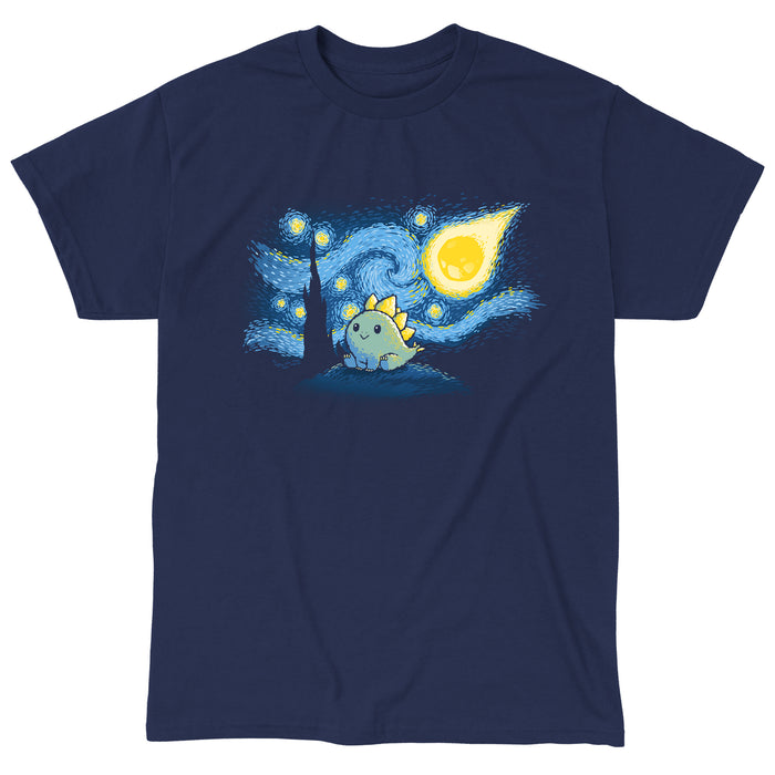 Classic Cotton T-shirt_TeeTurtle navy blue Stego Night featuring an illustration of a cute dinosaur with stegosaurus-like plates, set against a "Starry Night"-inspired background.
