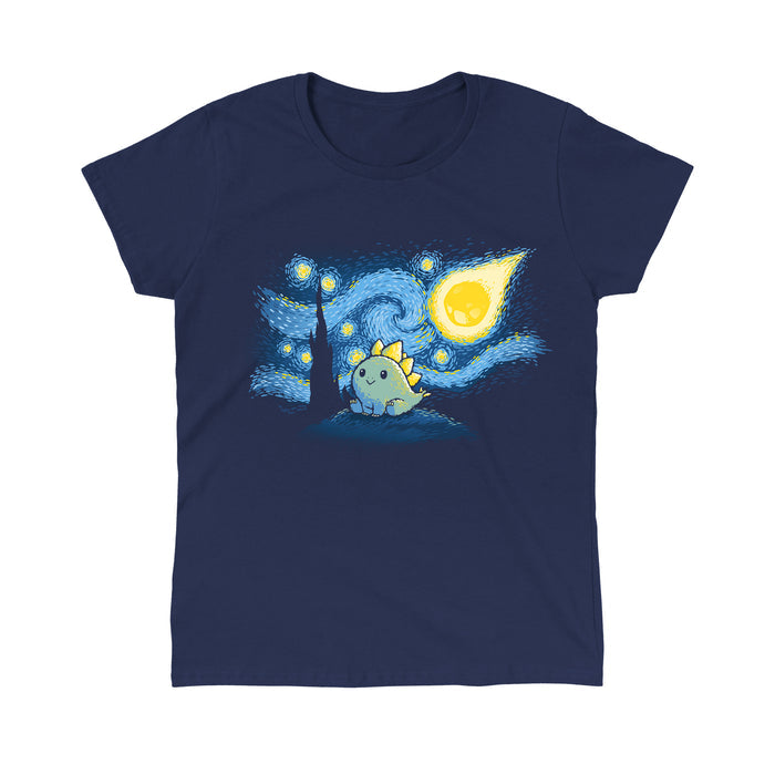 Classic Cotton T-shirt_TeeTurtle navy blue Stego Night featuring an illustration of a cute dinosaur with stegosaurus-like plates, set against a "Starry Night"-inspired background.