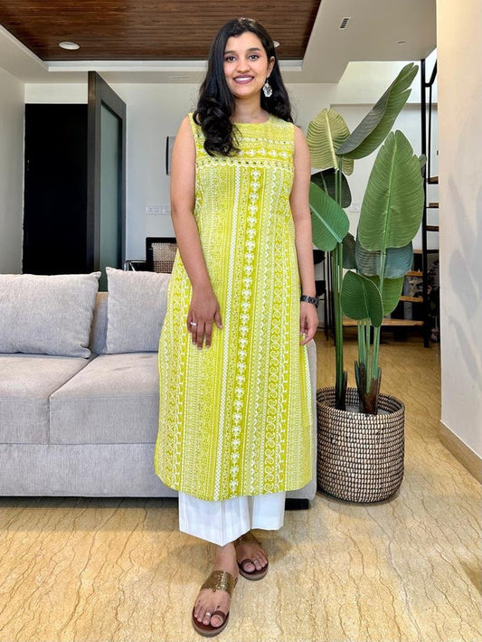Stripe Sleeveless Kurta- Lime Green