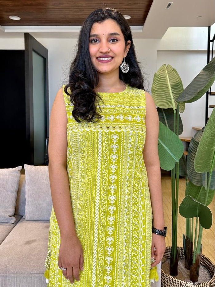 Stripe Sleeveless Kurta- Lime Green