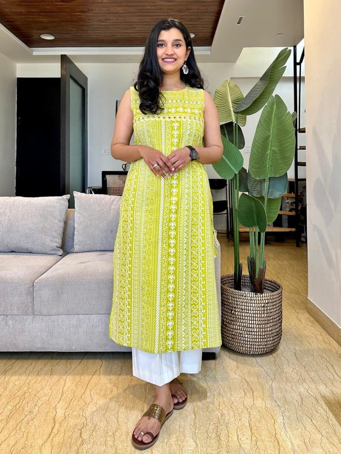 Stripe Sleeveless Kurta- Lime Green