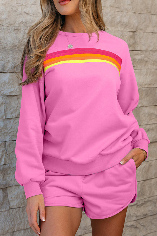 Striped Accent Pullover and Shorts Two Piece Casual Set - Pink / S - Sets/Short Sets