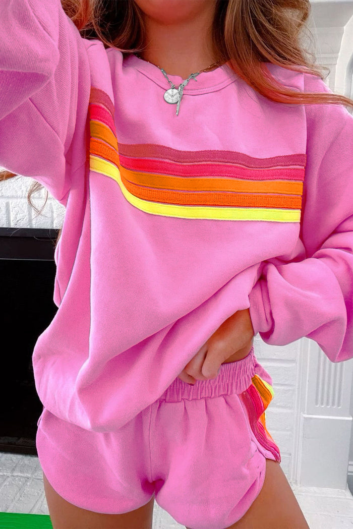 Striped Accent Pullover and Shorts Two Piece Casual Set - Sets/Short Sets