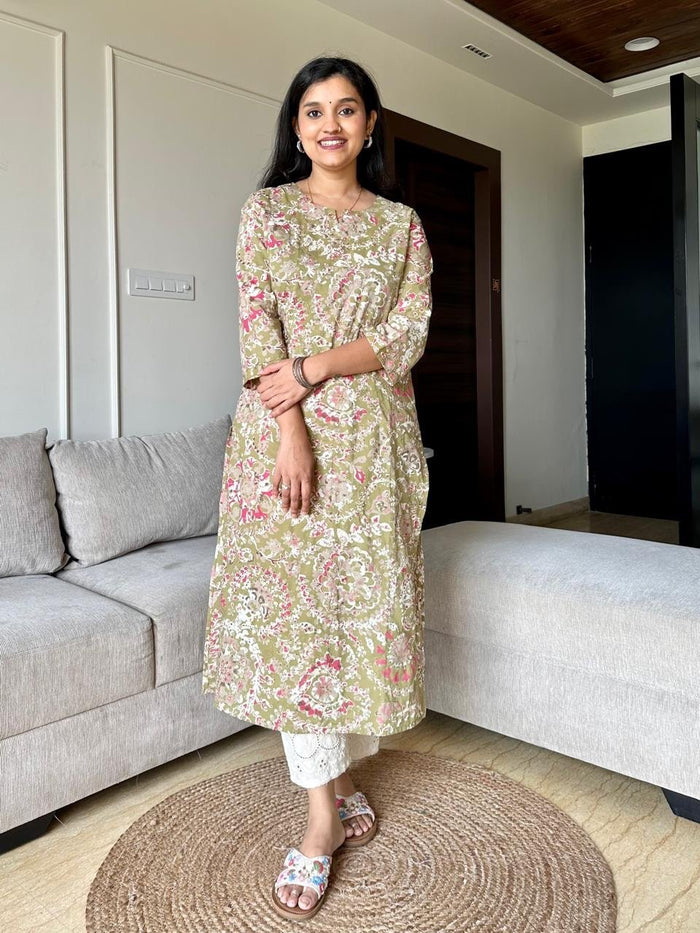 Subtle Bling Cotton Kurta- Green