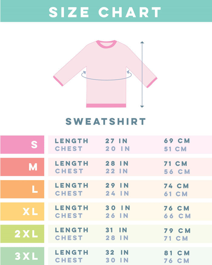 Sassy Woof’s Doodles Sweatshirt size chart displays chest and length (inches/cm) for sizes S–3XL, with a drawing of the crewneck unisex sweatshirt and arrows showing measurement points.