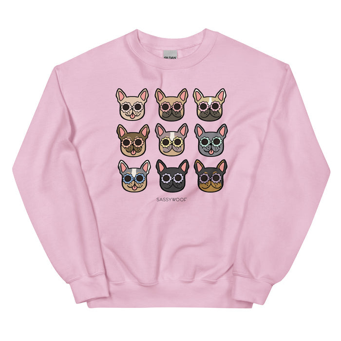 The Sassy Woof Sweatshirt - Frenchies is a pink unisex crewneck with a 3x3 grid of unique Frenchie dog faces in glasses and "SASSY WOOF" below—a fun must-have for any dog lover's apparel collection.