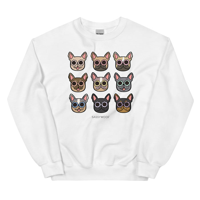 The Sassy Woof Sweatshirt - Frenchies is a unisex crewneck featuring a 3x3 grid of cartoon French Bulldogs in colorful sunglasses, each with unique style, and “SASSYWOOF” printed below—fun dog lover apparel for playful pup fans.