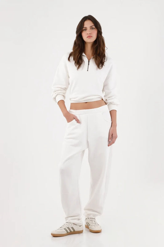Sweatshirt for women in white cotton relaxed fit with half zipper