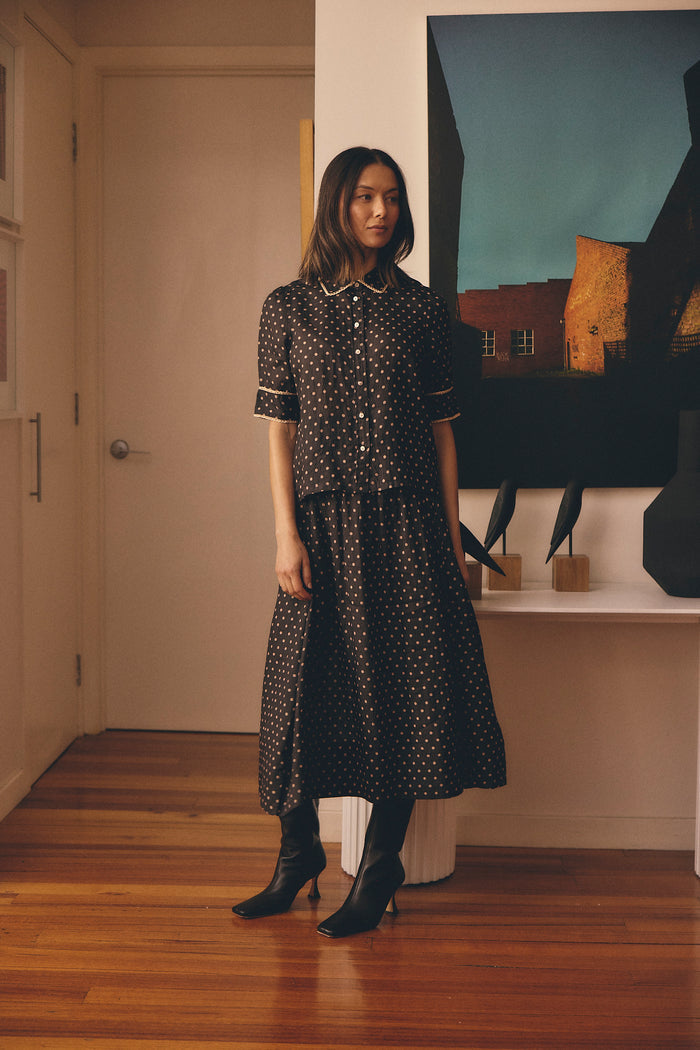 Sylvie Ramie Skirt In Choc/Beige Spot