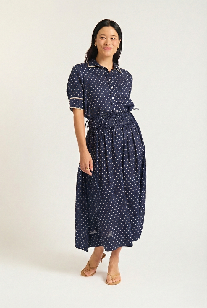 Sylvie Ramie  Skirt In Navy/Ivory Spot