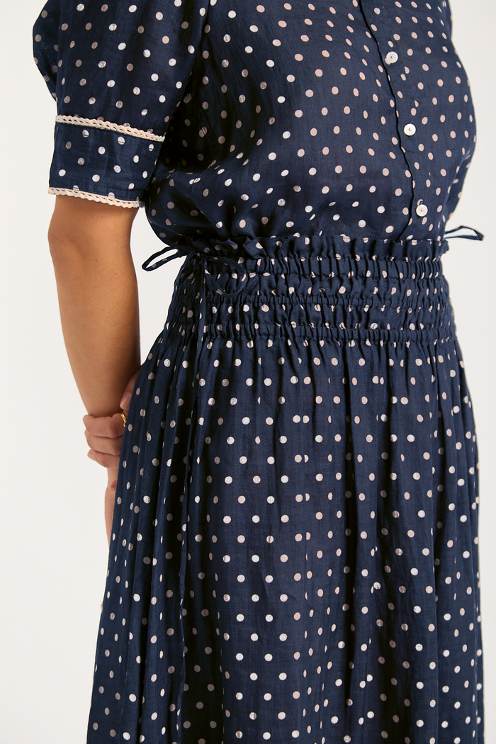 Sylvie Ramie  Skirt In Navy/Ivory Spot