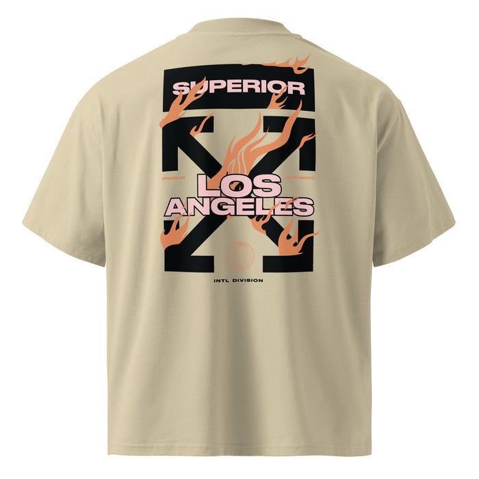 T-shirt oversize col montant Los Angeles Pierre dos - grand imprimé Superior X Los Angeles Intl Division avec flammes au dos