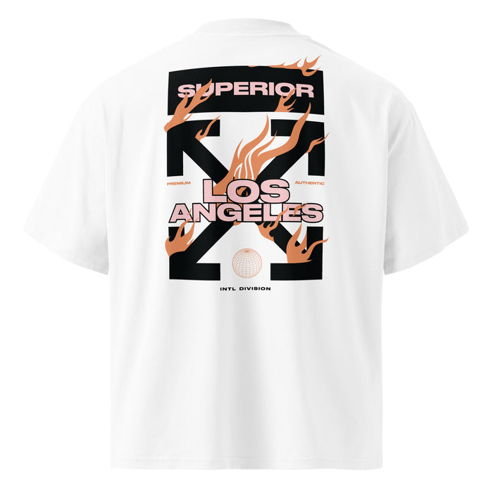 T-shirt oversize col montant Los Angeles Blanc dos - grand imprimé Superior X Los Angeles Intl Division avec flammes au dos
