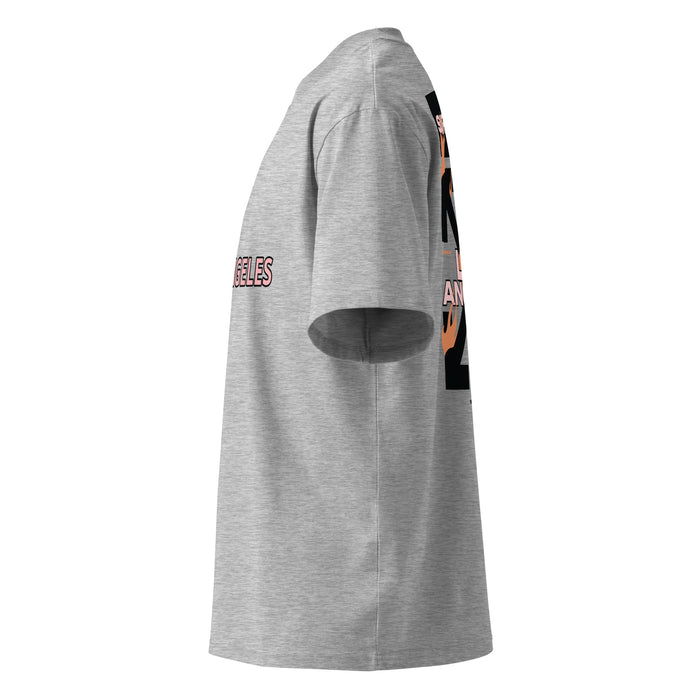 T-shirt oversize col montant Los Angeles Gris Chiné profil gauche - vue de côté du t-shirt oversize avec imprimé Los Angeles