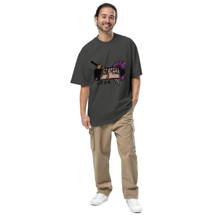 T-shirt oversize délavé manga anthracite délavé face - scène rétroviseur manga