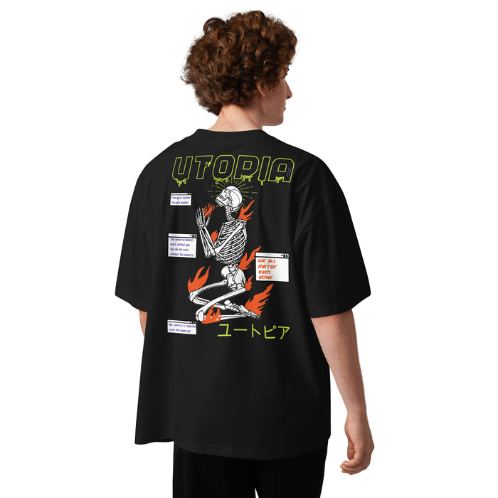 T-shirt oversize Utopia noir dos - squelette en flammes