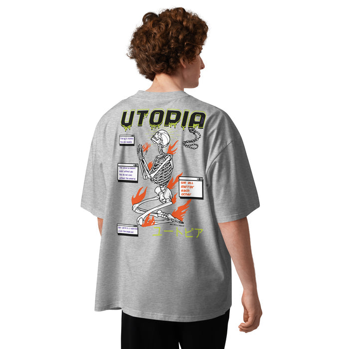 T-shirt oversize Utopia gris chiné dos - squelette en flammes