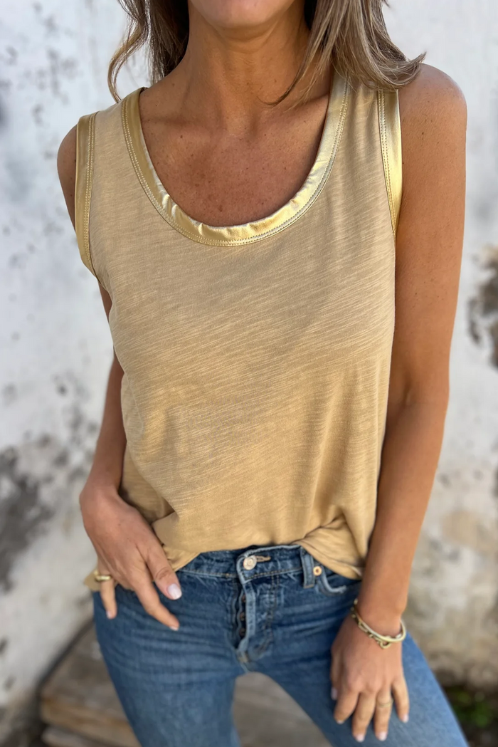 Tan Metallic Sheen Edge Scoop Neck Tank Top - S / 65% Polyester + 35% Cotton - Tops/Tank Tops