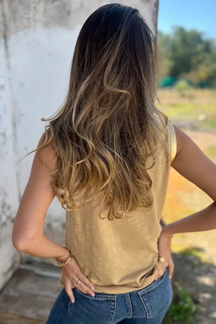 Tan Metallic Sheen Edge Scoop Neck Tank Top - Tops/Tank Tops