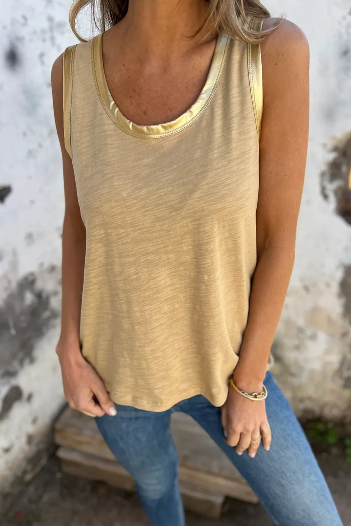 Tan Metallic Sheen Edge Scoop Neck Tank Top - Tops/Tank Tops
