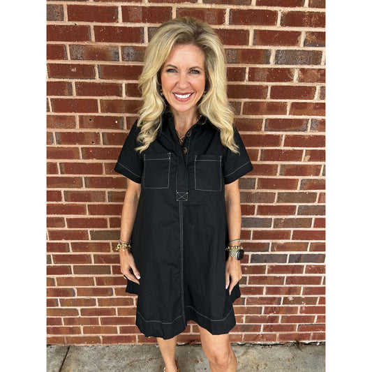 TCEC - Button Down, Bold Contrast Stitching, Shirt Dress 5723 - Black.