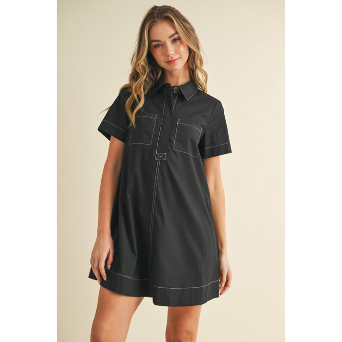 TCEC - Button Down, Bold Contrast Stitching, Shirt Dress 5723 - Black.