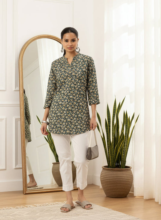 Teal Blue Floral Printed Mandarin Collar Tunic, Floral Printed Tunic, printed tunic, mandarin collar Tunic, casual wear Tunic, women’s tunic, Office Wear Tunic