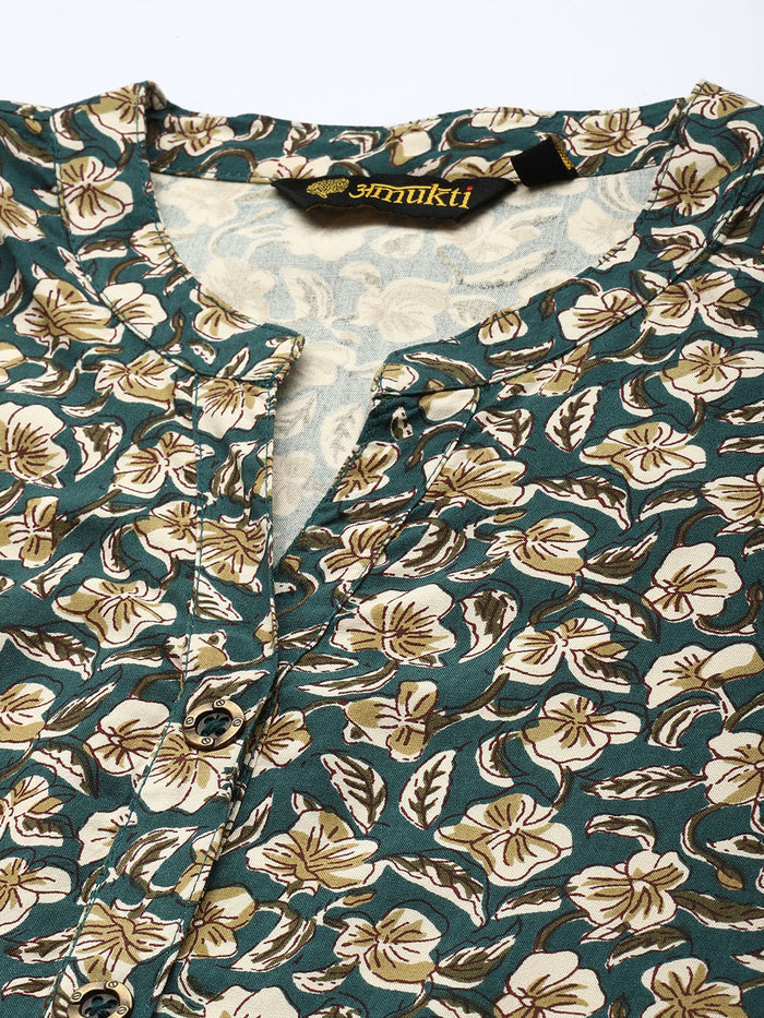Teal Blue Floral Printed Mandarin Collar Tunic, Floral Printed Tunic, printed tunic, mandarin collar Tunic, casual wear Tunic, women’s tunic, Office Wear Tunic
