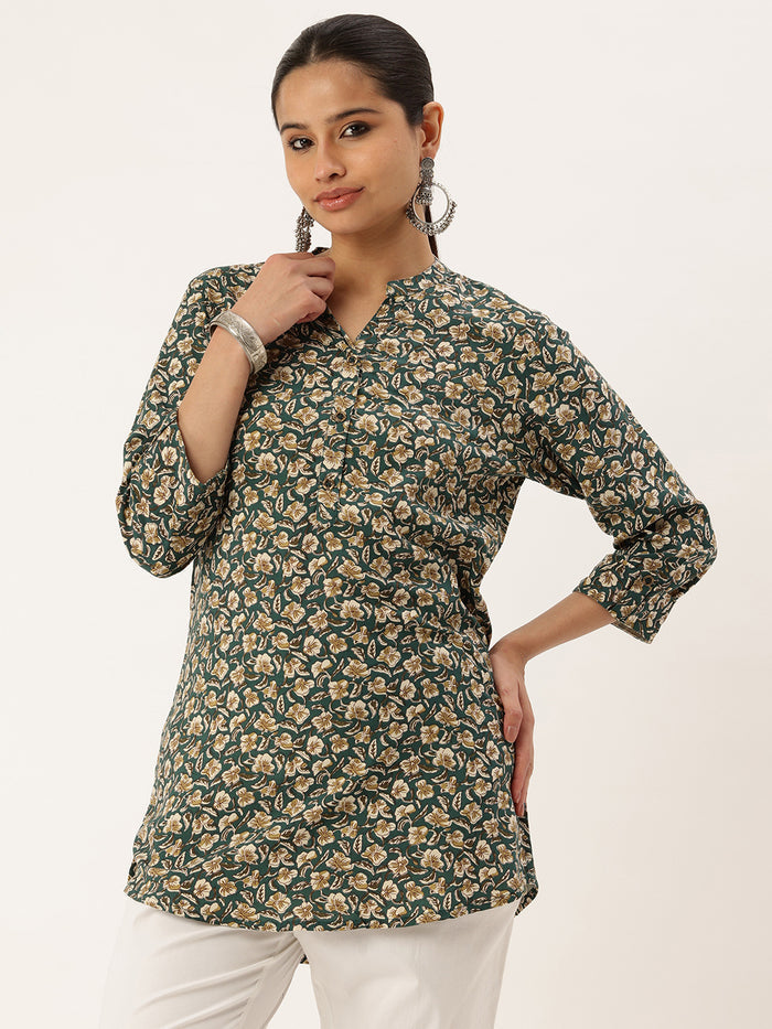 Teal Blue Floral Printed Mandarin Collar Tunic, Floral Printed Tunic, printed tunic, mandarin collar Tunic, casual wear Tunic, women’s tunic, Office Wear Tunic