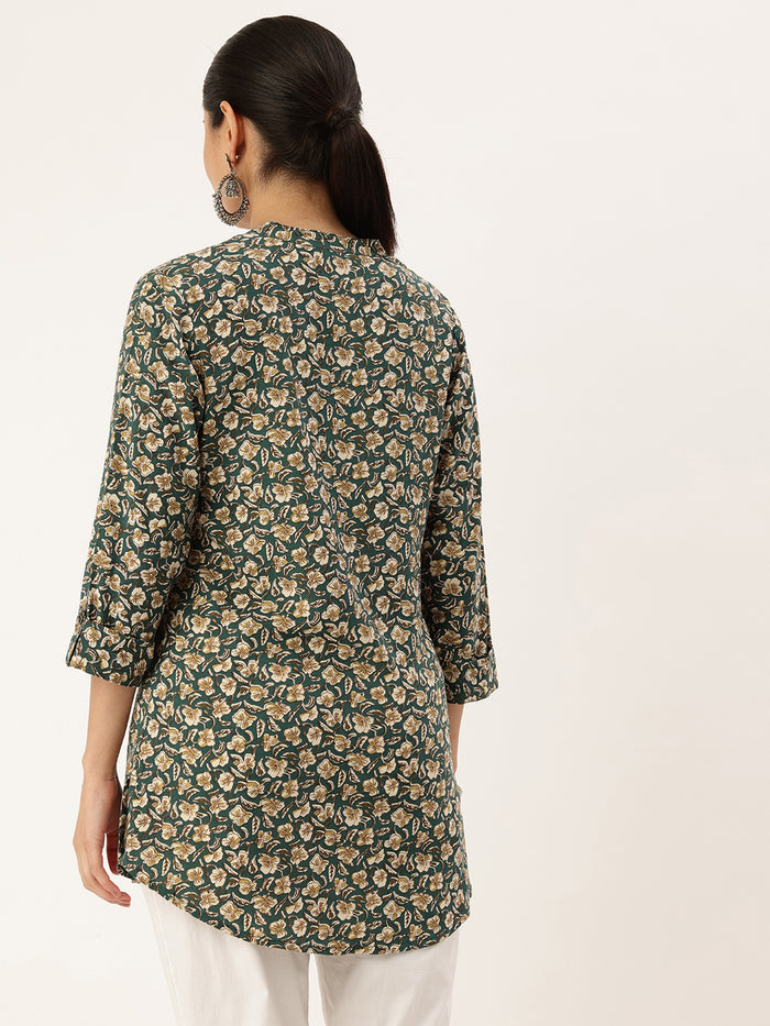 Teal Blue Floral Printed Mandarin Collar Tunic, Floral Printed Tunic, printed tunic, mandarin collar Tunic, casual wear Tunic, women’s tunic, Office Wear Tunic