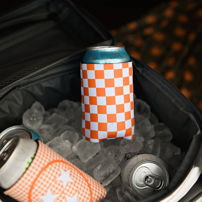 Tennessee Orange & White Checkerboard Can Cooler – Premium Neoprene Game Day Insulator