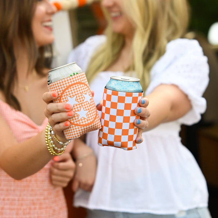 Tennessee Orange & White Checkerboard Can Cooler – Premium Neoprene Game Day Insulator