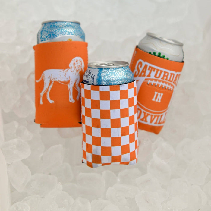 Tennessee Orange & White Checkerboard Can Cooler – Premium Neoprene Game Day Insulator