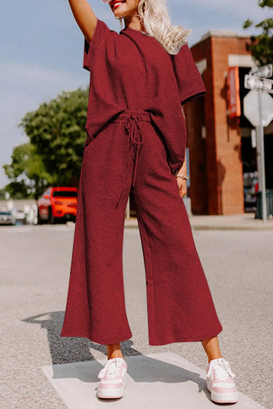 Textured Loose Fit T Shirt and Drawstring Trousers Co-ord Set - RED DAHLIA / S / 95% POLYESTER + 5% ELASTANE - Two