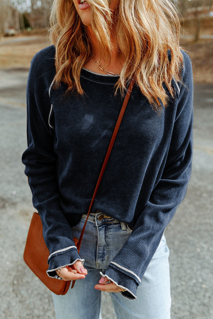 Textured Round Neck Long Sleeve Top - Blue / S - Tops/Long Tops