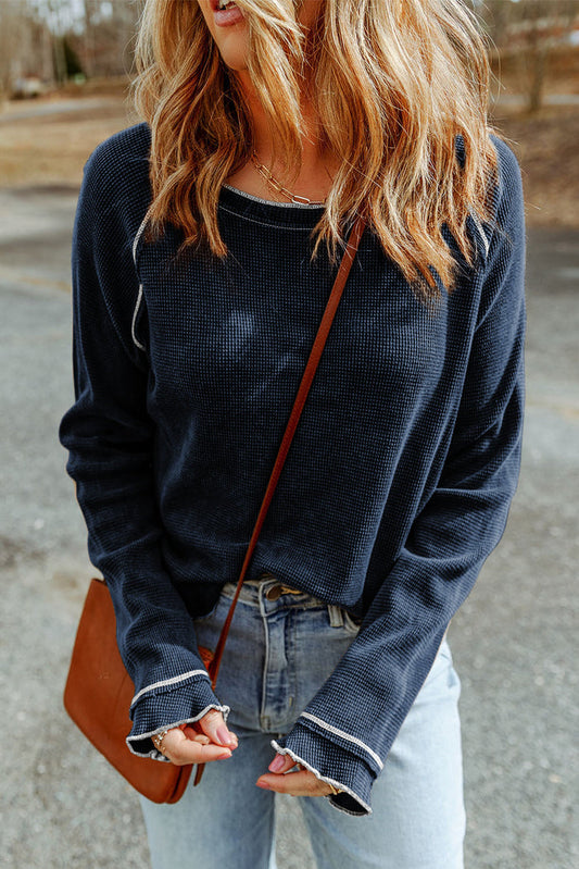 Textured Round Neck Long Sleeve Top - Blue / S - Tops/Long Tops