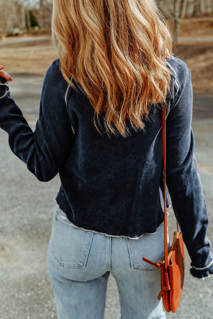 Textured Round Neck Long Sleeve Top - Tops/Long Tops