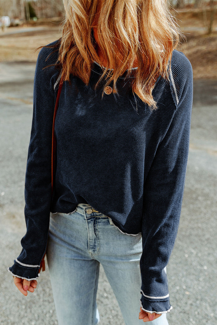 Textured Round Neck Long Sleeve Top - Tops/Long Tops