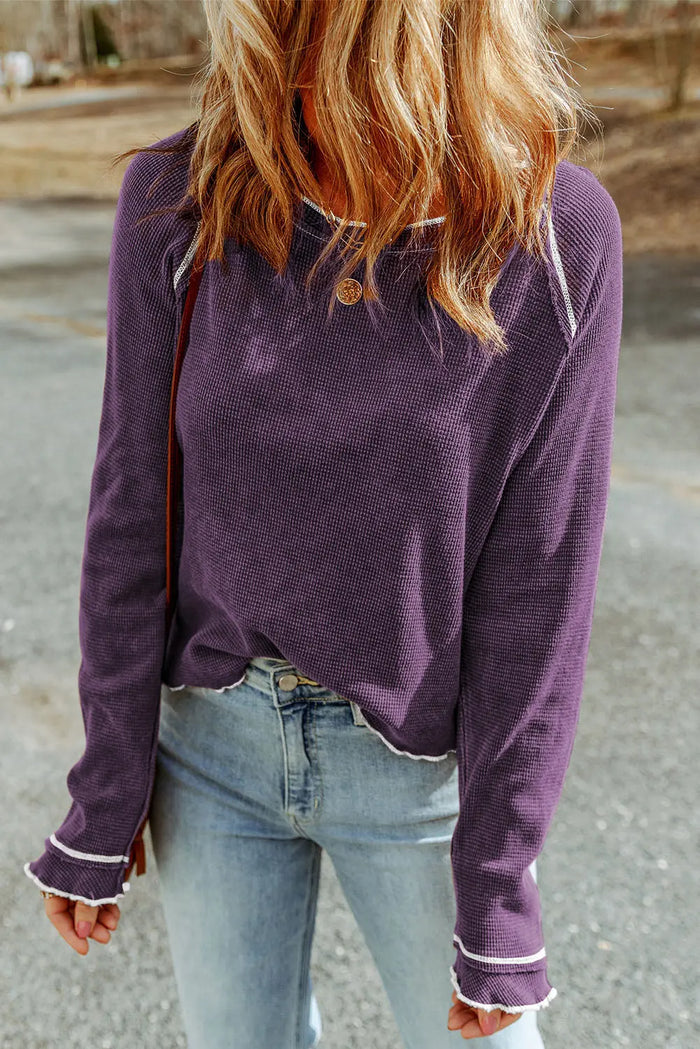 Textured Round Neck Long Sleeve Top - Purple / S - Tops/Long Tops