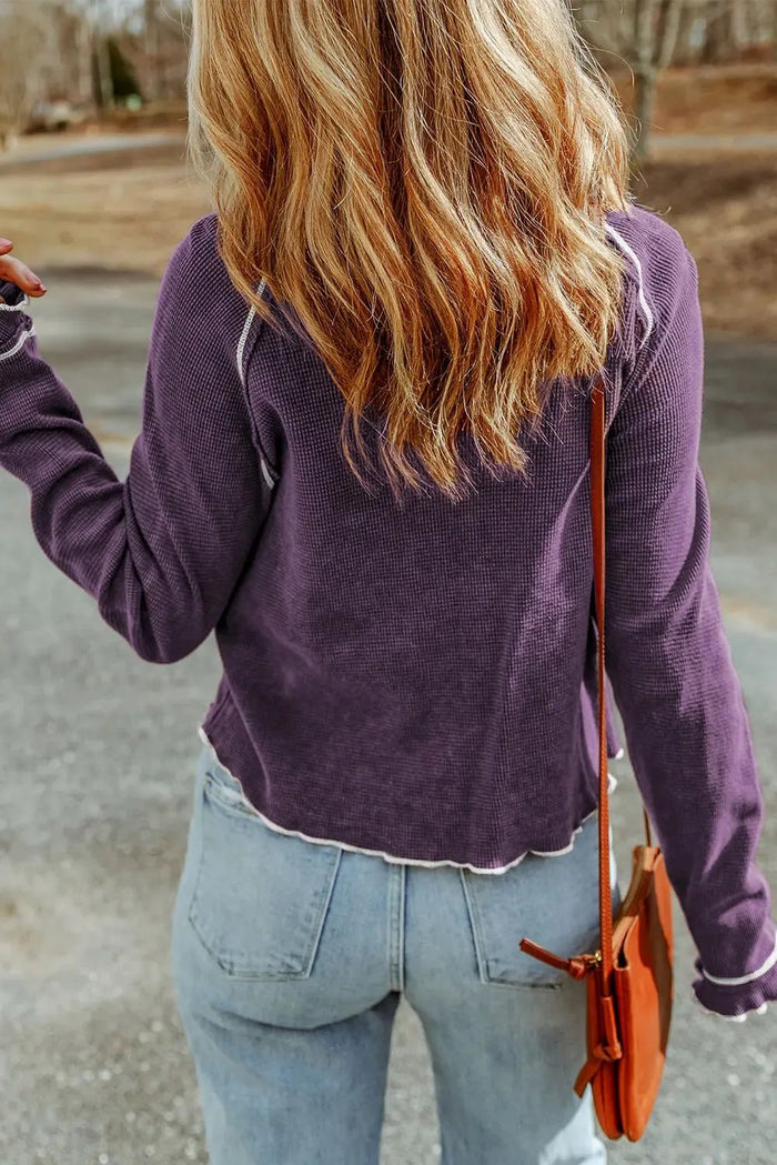 Textured Round Neck Long Sleeve Top - Tops/Long Tops